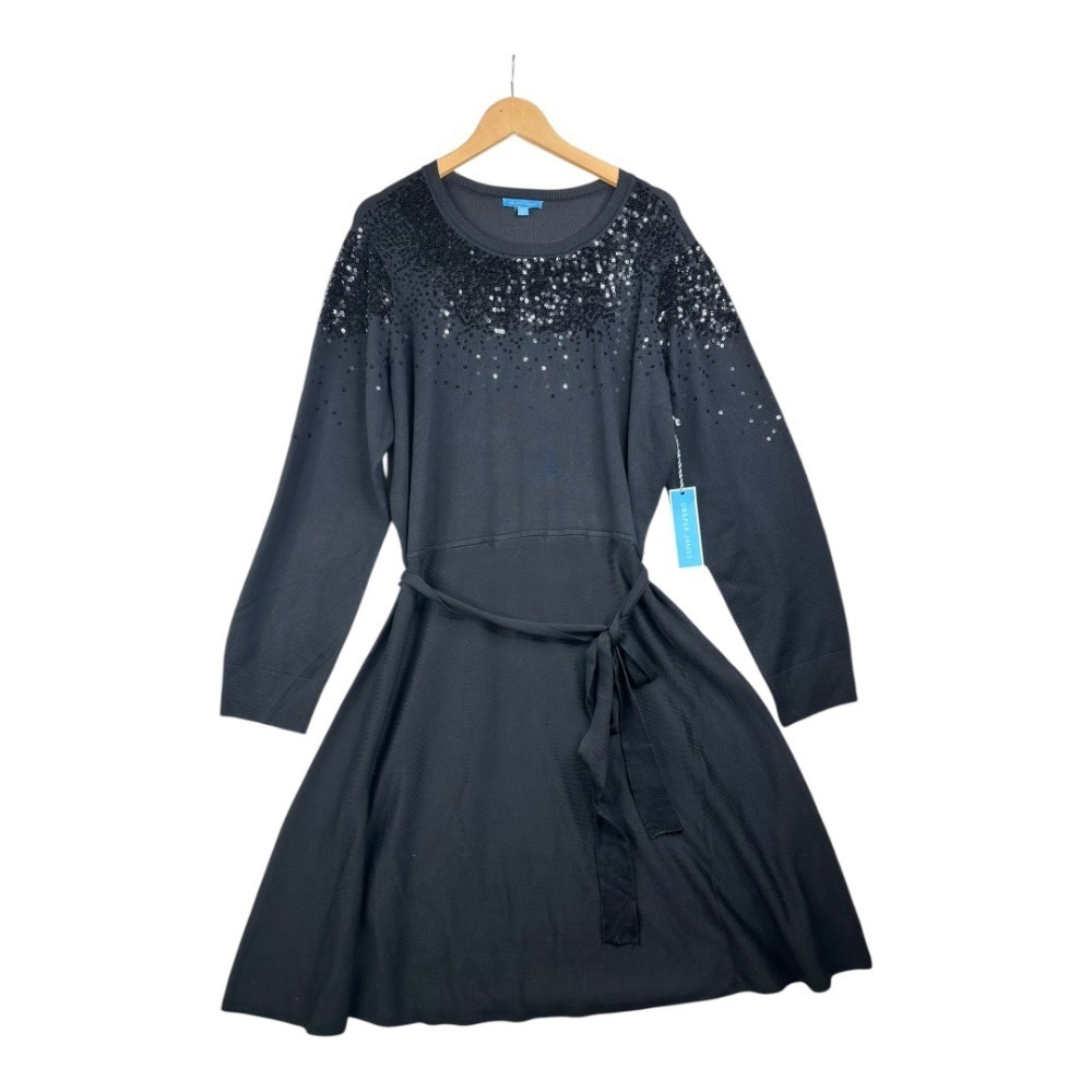 New‎ Draper James Sweater Dress Sequin Tie Waist Knit Black XXL